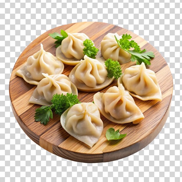 Dumplings on cutting board on transparent background