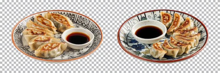 PSD dumplings gyoza with soy sauce on traditional plate isolated on transparent background cut out png