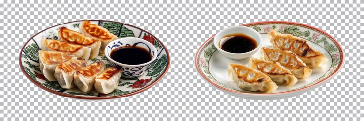 PSD dumplings gyoza with soy sauce on traditional plate isolated on transparent background cut out png