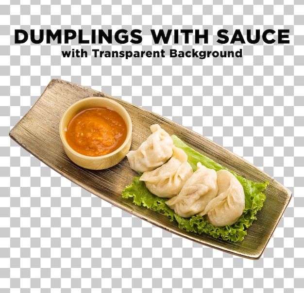 Dumplings met saus in bovenste hoek Foto PSD met doorzichtige achtergrond