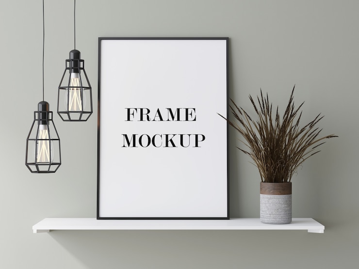 PSD dun zwart frame leunend tegen de muur naast droge plant 3d-rendering mockup