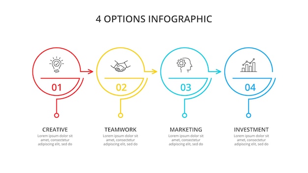 PSD dunne lijn platte cirkel voor infographic bedrijfsconcept met 4 opties voor onderdelen of processen