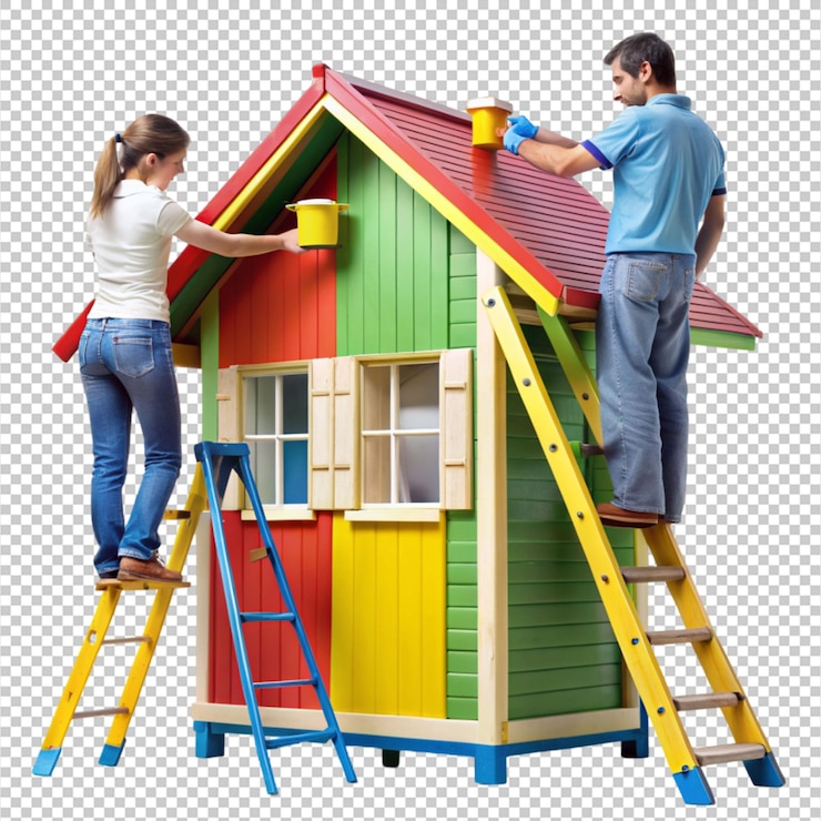 PSD duo people painting and repair playground house on transparent background
