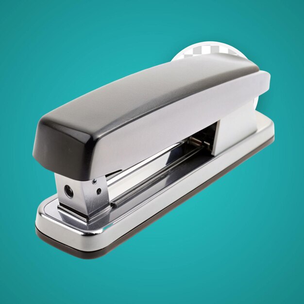 PSD durable paper stapler positioned diagonally white surface