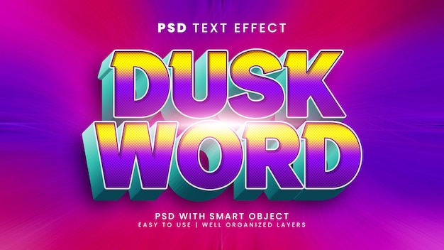 Dusk word 3d editable text effect with light and beach text style
