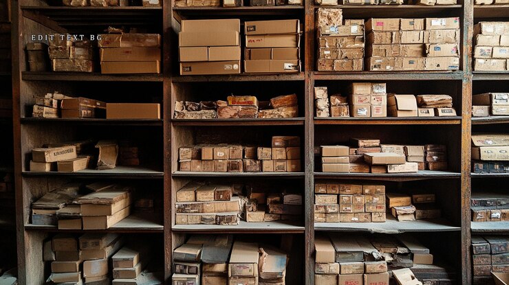 PSD dusty old wooden shelves filled with various cardboard boxes and packages in a storage room