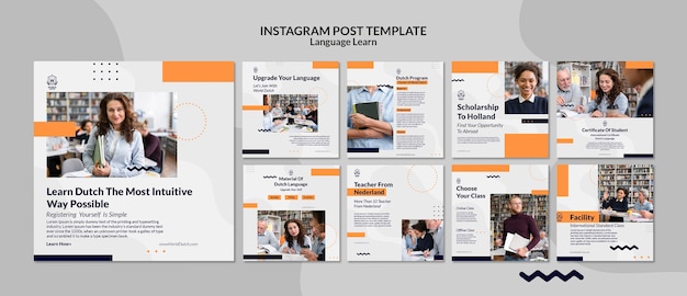 PSD raccolta di post di instagram per lezioni di apprendimento della lingua olandese con design a punti