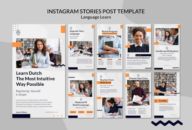 PSD classi di apprendimento della lingua olandese collezione di storie di instagram con design a punti