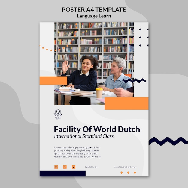 PSD modello di poster verticale per lezioni di apprendimento della lingua olandese con design a punti