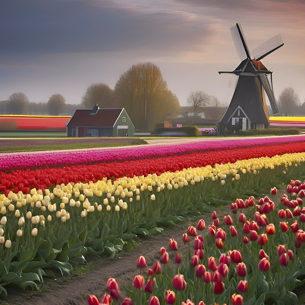 Premium PSD | Dutch rural tulip fields countryside landscape