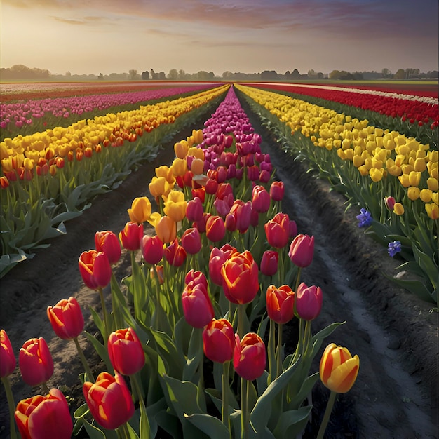 Campi di tulipani rurali olandesi paesaggio rurale