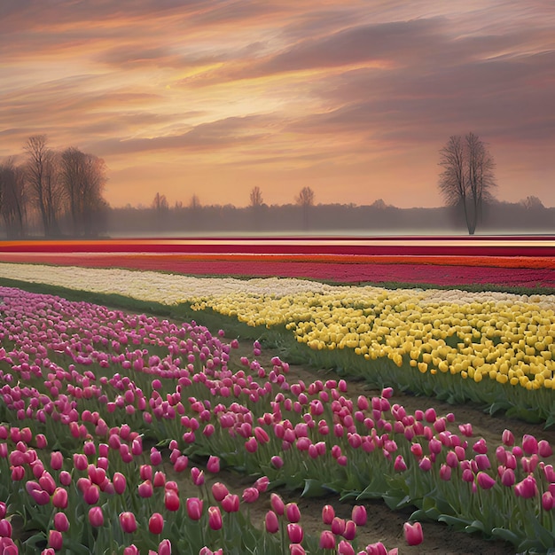 PSD Голландские сельские поля тюльпанов сельский пейзаж
