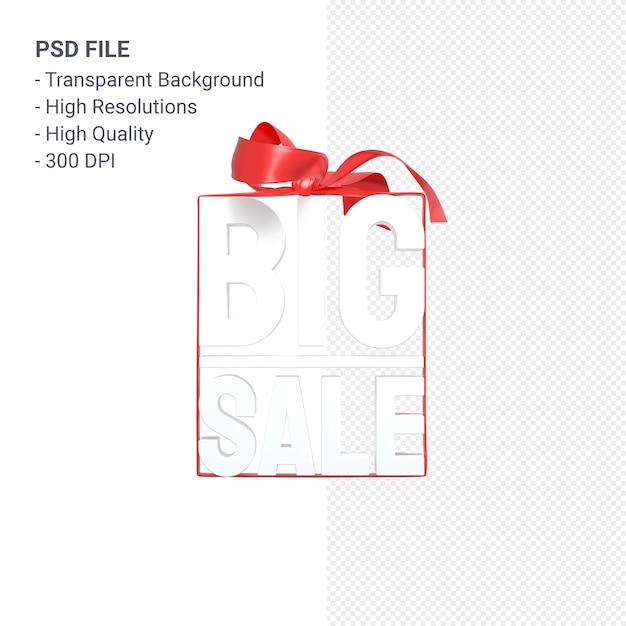 PSD duża sprzedaż renderowania projektu 3d do promocji sprzedaży z kokardą i wstążką na białym tle