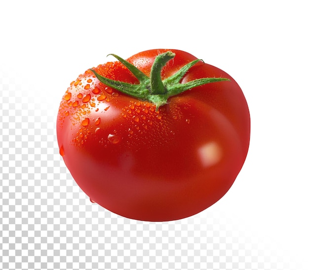 Duży dojrzały pomidor w kroplach wody na przezroczystym tle