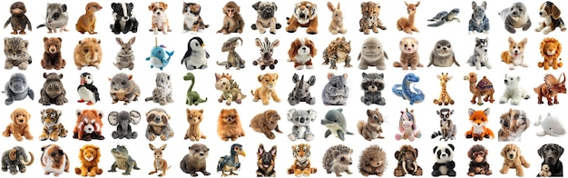 PSD duży zestaw uroczych puszystych lalek zwierzęcych dla dzieci zabawek z izolowanym tłem aig44