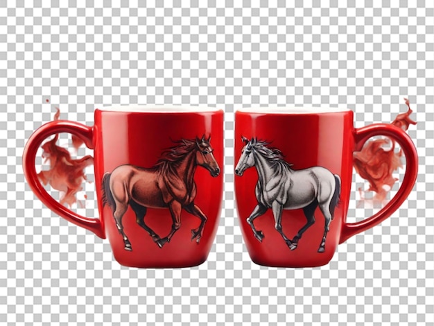 PSD dwa czerwone kubki kawy z czarnym koniem na nich