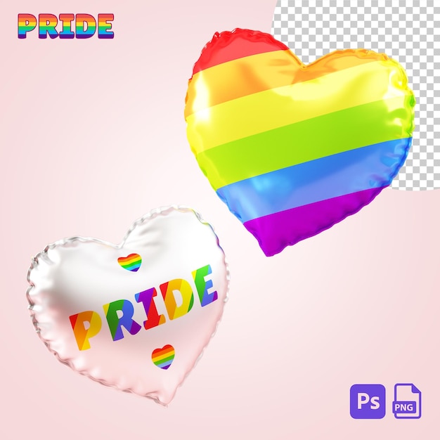 Dwa izolowane tęczowe balony serca na przezroczystym tle do obchodów dumy LGBTQIA