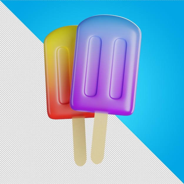 Dwa kolorowe lody na patyku Różne lody z owocami na drewnianym patyku Fioletowy pomarańczowy sok mrożony Letni zimny deser Lody na lodzie ikona 3d ilustracja renderowania 3d