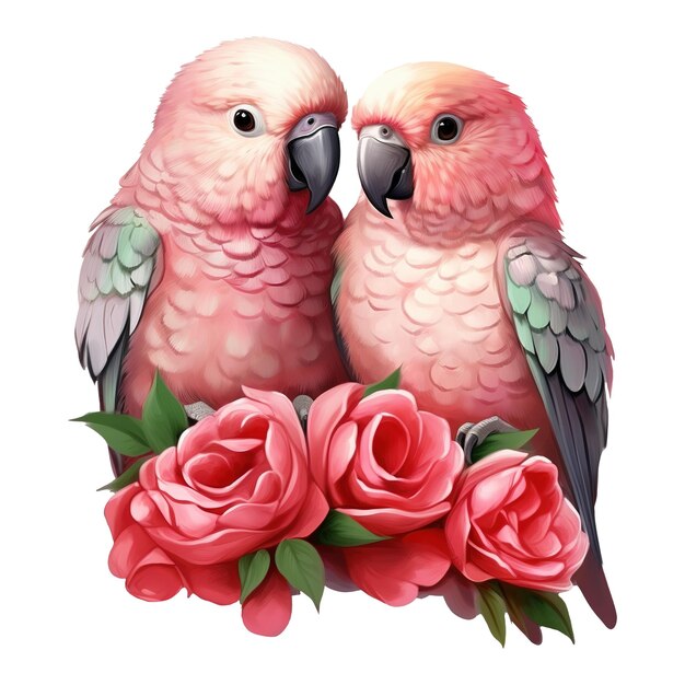 PSD dwie papugi ptasie z różami obraz wygenerowany przez sztuczną inteligencję