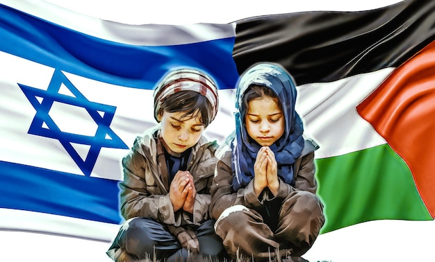 PSD dwoje dzieci modlących się przed palestyńską flagą i izraelską flagą psd na przejrzystym tle