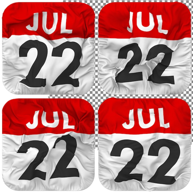 PSD dwudziesty drugi 22 lipca data ikona kalendarza izolowana cztery macha styl tekstura guzek renderowania 3d