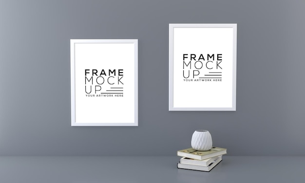 Dwuramkowa makieta z książkami i wazonem na ciemnej ścianie prezentacji grafiki 3D Rendering