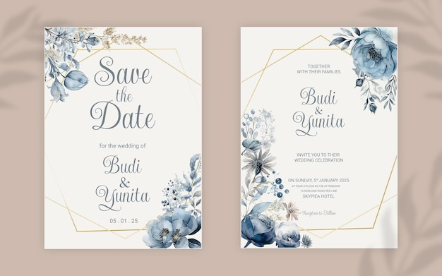 PSD dwustronny szablon zaproszenia ślubne psd z eleganckimi akwarelowymi zakurzonymi niebieskimi różami