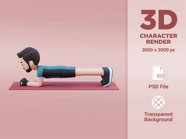 PSD dynamic 3d sporty male character mastering the plank exercise at home gym