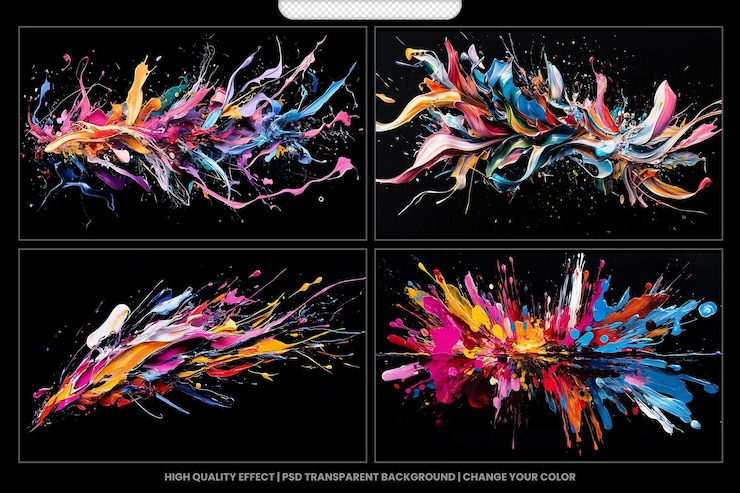 PSD dynamic abstract paint splatter and colorful artistic explosion on dark background