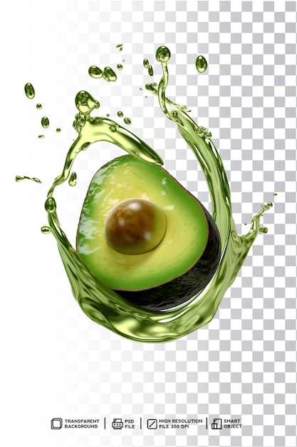 PSD dynamic avocado fruit splash in transparent background