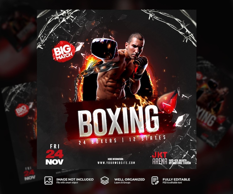 PSD dynamic boxing event flyer and poster wzorzec postów w mediach społecznościowych