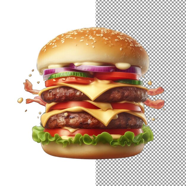 PSD burger dinamico con ingredienti galleggianti png