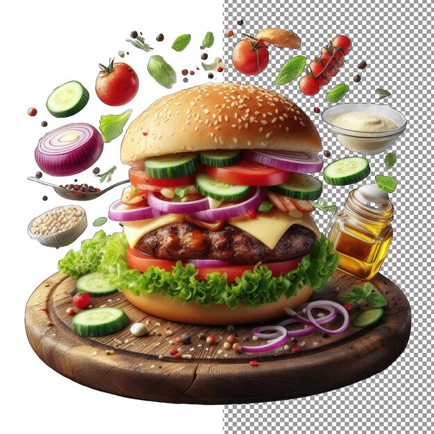 PSD burger dinamico con ingredienti galleggianti png