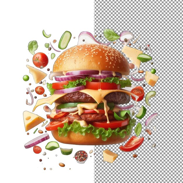 Dynamic burger with floating ingredients png