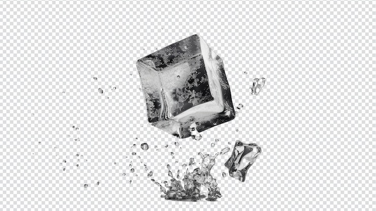 PSD dynamic ice cube captured midflight on white background for beverage promotions