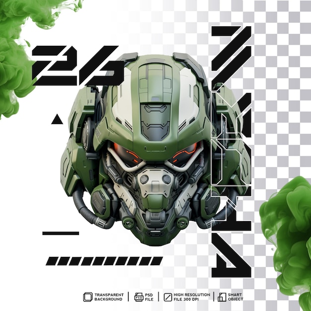 PSD dynamic and intense cyberpunk mecha robot head with realistic 3d rendering on transparent background