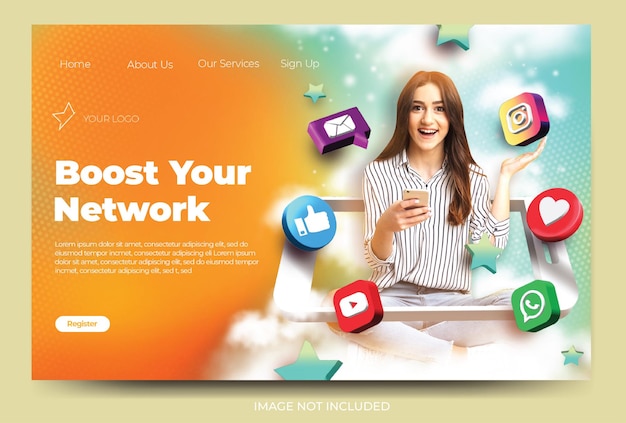 PSD dynamic social media landing page post feed with 3d icons