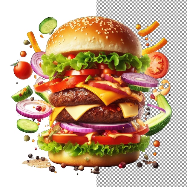 Dynamiczny Burger Z Pływającymi Składnikami Png