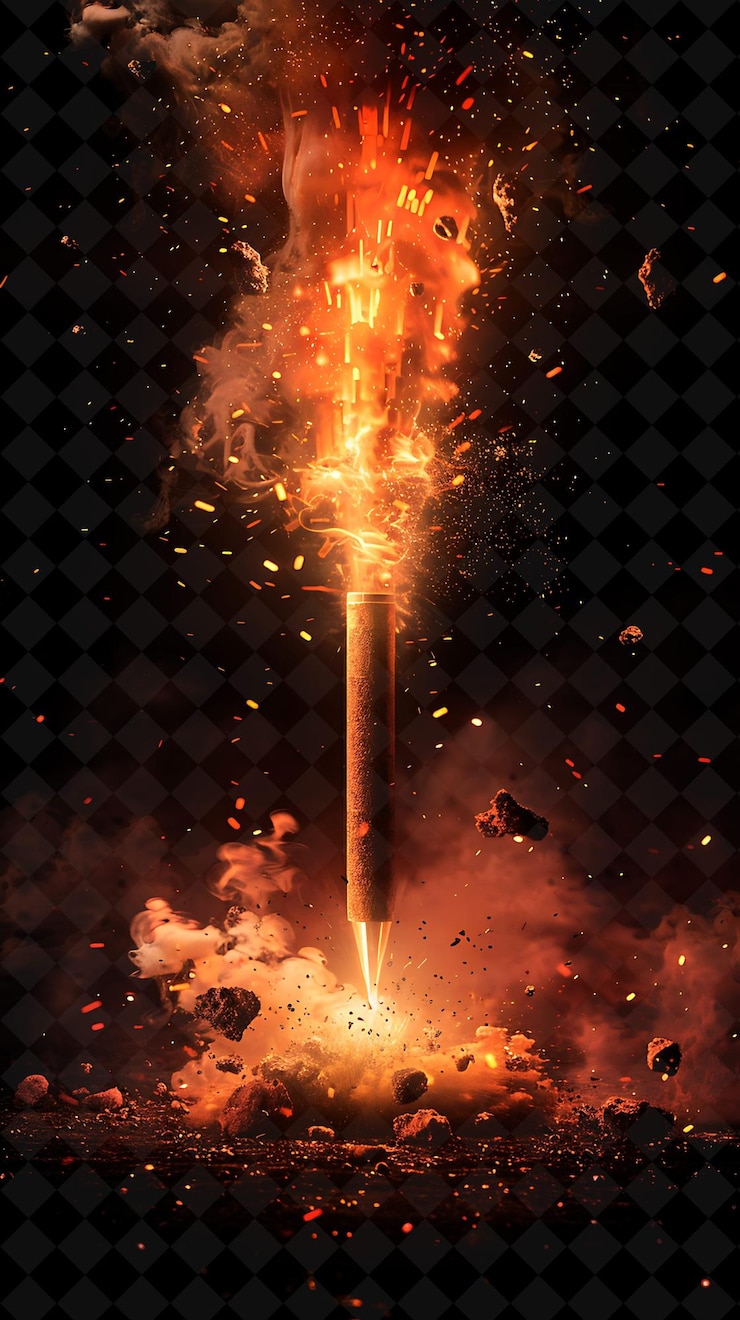 PSD dynamite explosion with tnt sticks burning fuse and flying r png neon effect on dark background