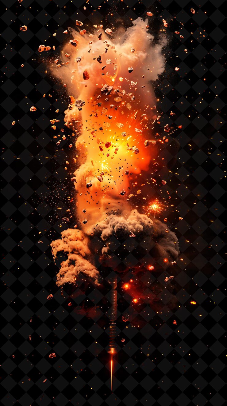 PSD dynamite explosion with tnt sticks burning fuse and flying r png neon effect on dark background