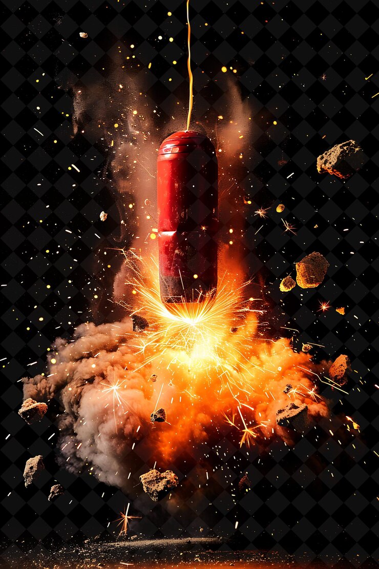 PSD dynamite explosion with tnt sticks burning fuse and flying r png neon effect on dark background