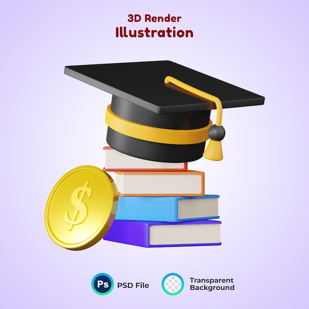 dyplomowy kapelusz z pieniędzmi i książką, koncepcja czesnego 3d render ikona ilustracja