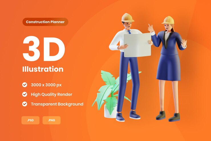 PSD dyskusja inżyniera ilustracji 3d z planem budowy na temat prac na miejscu