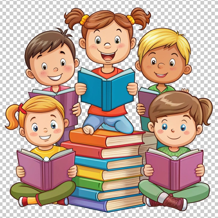 PSD dzieci czytają książki, kreskówki, biblioteki, szczęśliwe dzieci.
