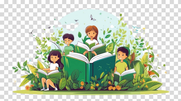 Dzieci Czytające Książki W Przyrodzie Izolowane Na Przezroczystym Tle Ilustracji Wektorowych