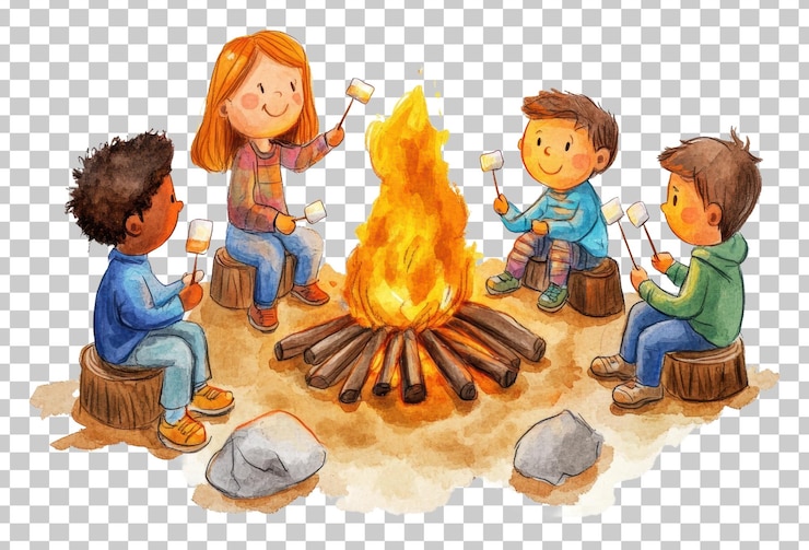 PSD dzieci pieczą marshmallows wokół ognia izolowanego na przezroczystym tle
