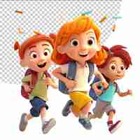 PSD dzieci, uczniowie, postacie z kreskówek 3d biegną do szkoły na przezroczystym tle.