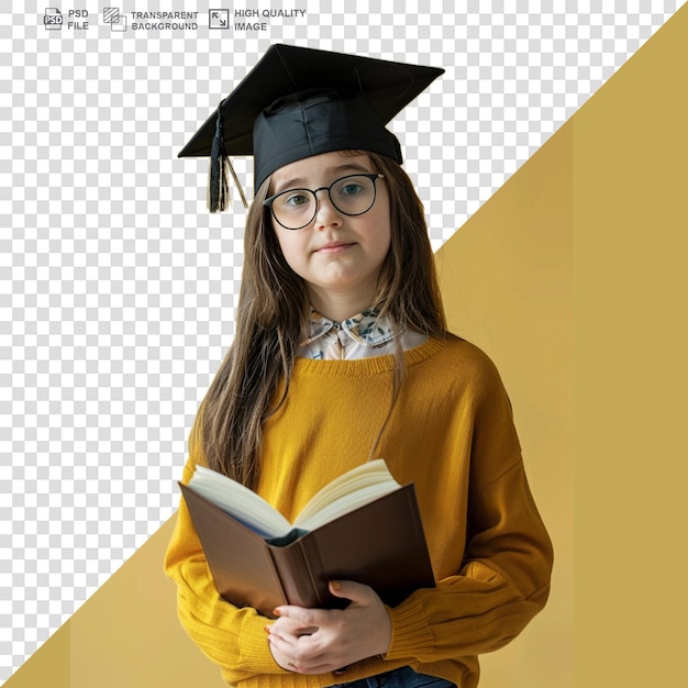 PSD dziecko w czapce absolwentki z portretem książki na przezroczystym tle
