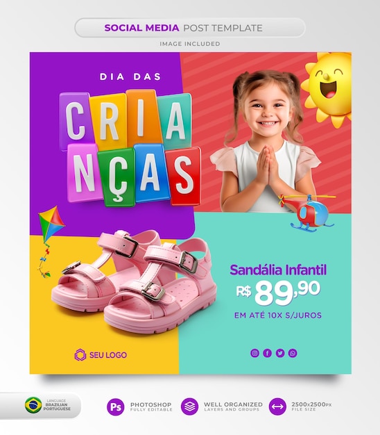 PSD dzień dziecka oferuje posty w mediach społecznościowych w języku brazylijskim portugalskim na potrzeby kampanii marketingowej