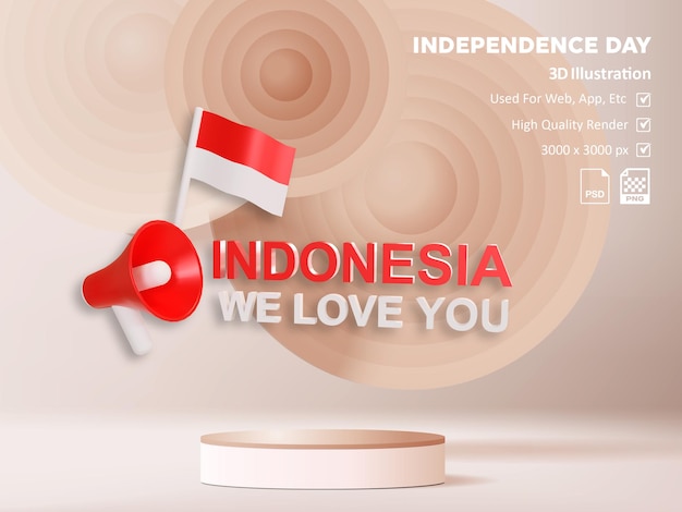 Dzień Niepodległości Indonezja 3d Ikona Ilustracja Flaga Czerwono-biała Indonezja Kochamy Cię Czcionka